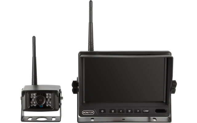 Kleine schwarze kabellose Kamera mit Antenne, Objektiv und LED‑Leuchten links; daneben schwarzer Monitor mit Antenne, dunklem Bildschirm und Bedienknöpfen