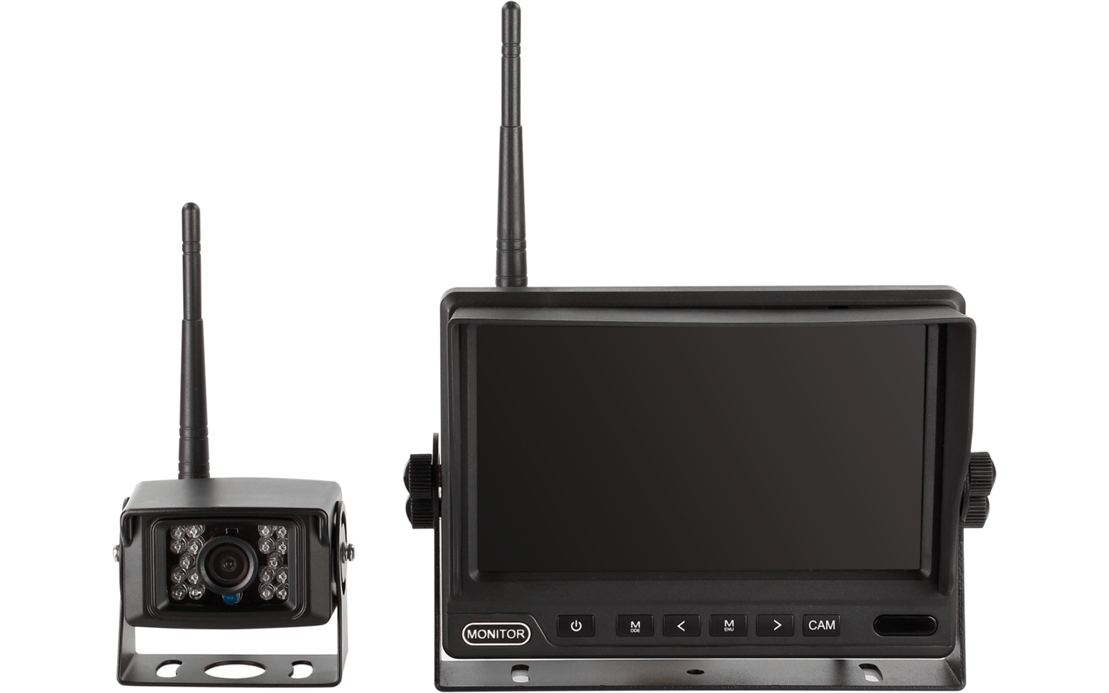 Kleine schwarze kabellose Kamera mit Antenne, Objektiv und LED‑Leuchten links; daneben schwarzer Monitor mit Antenne, dunklem Bildschirm und Bedienknöpfen