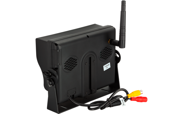 Schwarzes rechteckiges elektronisches Gerät auf Standfuß mit Antenne, zwei runden Gittern auf der Rückseite, Kabel mit roten, gelben und weißen Cinchsteckern und weißem Aufkleber