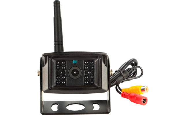 Schwarze Kamera mit Antenne, zentralem Objektiv umgeben von LED-Leuchten, Metallhalterung und schwarzen Kabeln mit roten und gelben Cinch-Steckern