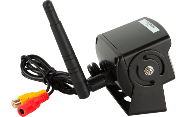 Schwarzes elektronisches Gerät mit Antenne, metallischer Halterung und einem Kabel mit gelben und roten RCA-Steckern