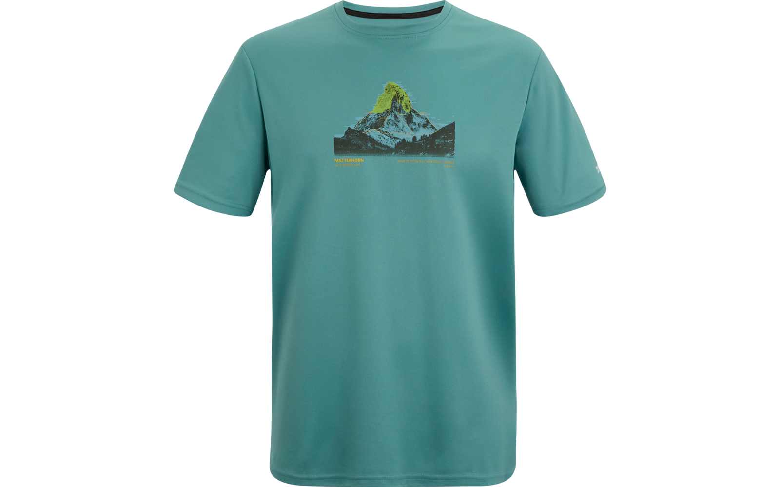 Türkisfarbenes T‑Shirt mit kurzen Ärmeln und Rundhals mit schwarzer Innenkante, bedruckt mit einem Berg mit gelb hervorgehobener Spitze und einer kleinen gelben Schriftzeile darunter