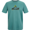 Türkisfarbenes T‑Shirt mit kurzen Ärmeln und Rundhals mit schwarzer Innenkante, bedruckt mit einem Berg mit gelb hervorgehobener Spitze und einer kleinen gelben Schriftzeile darunter