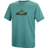 Türkisfarbenes kurzärmeliges T-Shirt mit Rundhalsausschnitt, aufgedrucktem Bergmotiv mit gelbem Kreis über dem Gipfel und kleinem weißen Logo an einem Ärmel