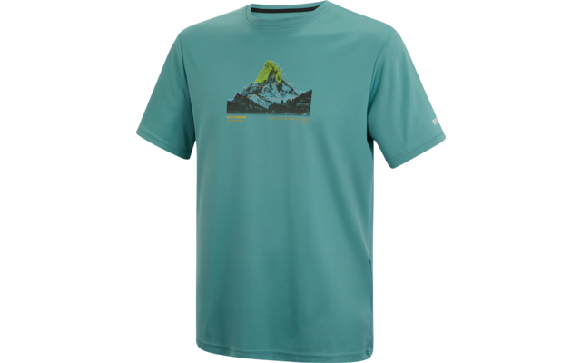 Türkisfarbenes kurzärmeliges T-Shirt mit Rundhalsausschnitt, aufgedrucktem Bergmotiv mit gelbem Kreis über dem Gipfel und kleinem weißen Logo an einem Ärmel
