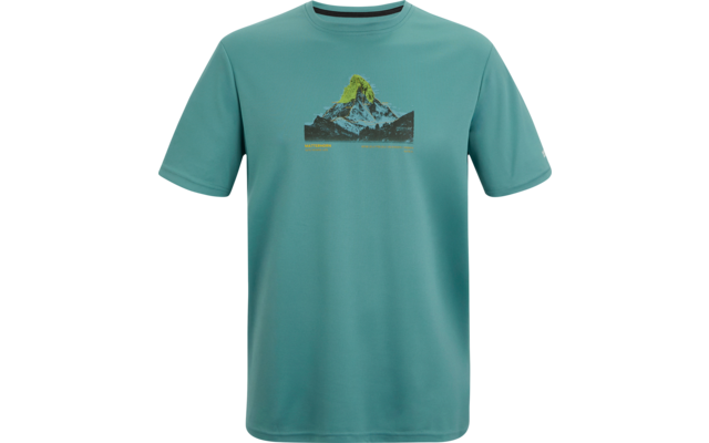 Türkisfarbenes T‑Shirt mit kurzen Ärmeln und Rundhals mit schwarzer Innenkante, bedruckt mit einem Berg mit gelb hervorgehobener Spitze und einer kleinen gelben Schriftzeile darunter