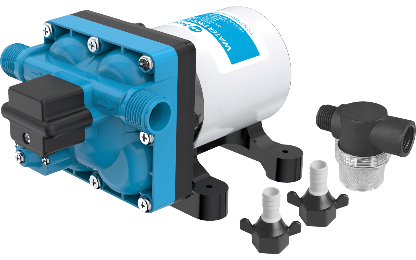 Kleine blau-weiße Pumpe mit schwarzer Montagehalterung, Frontplatte mit Schrauben und drei separate Kunststoffanschlüsse (zwei sternförmig, ein T-förmiger mit transparentem Einsatz)