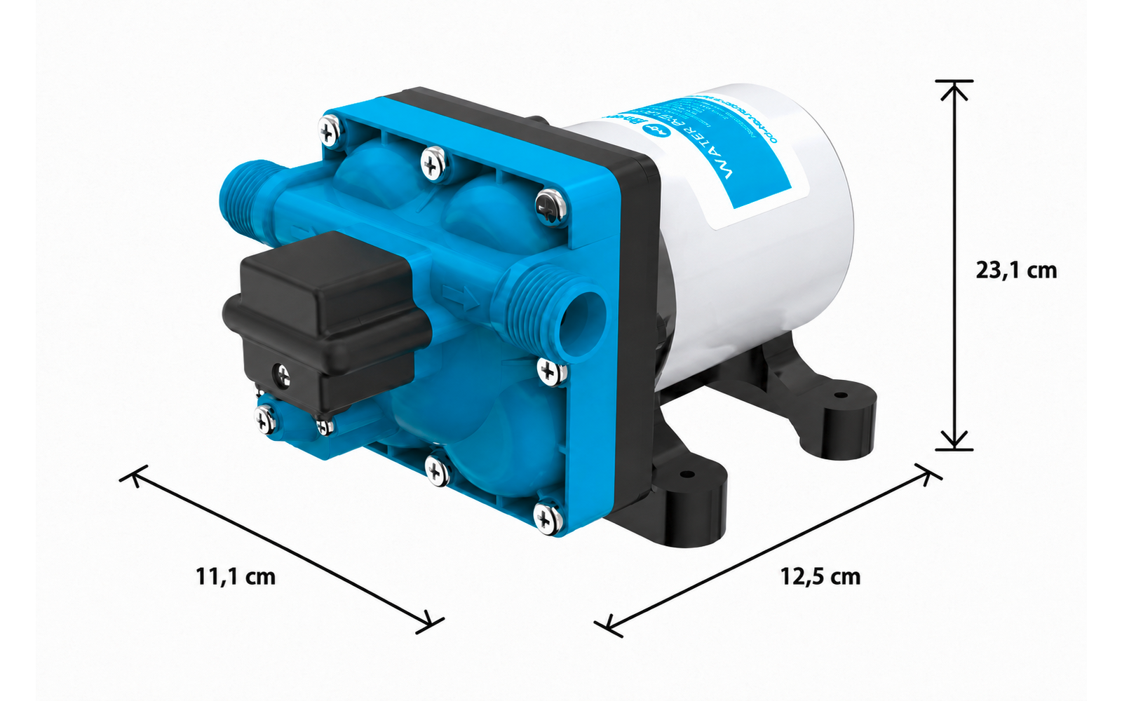 Bomba azul y blanca sobre fondo blanco con soportes de montaje negros; flechas de medida que indican 11,1 cm, 12,5 cm y 23,1 cm