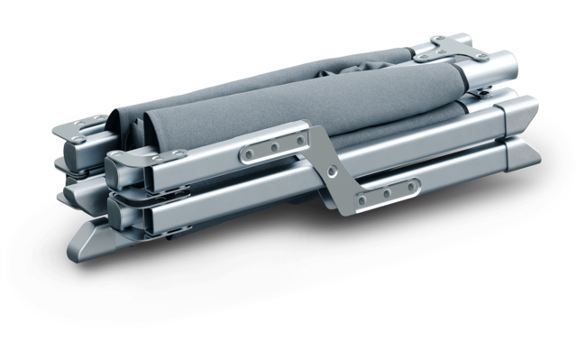 Folded silver metal frame with gray fabric covering, visible joints and screws, on a black background