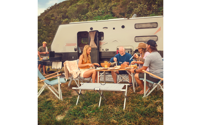 Five adults sitting and standing at a camping table in front of a motorhome on a grassy field, with plates and food on the table