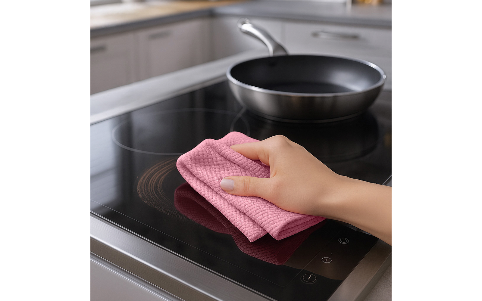 Hand mit rosa Reinigungstuch wischt schwarzes Glaskeramik-Kochfeld; Pfanne auf dem Kochfeld, Arbeitsfläche und Küchenschränke im Hintergrund