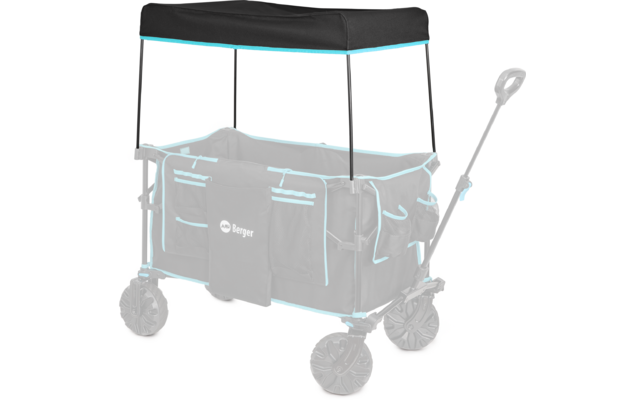 Faltbarer Bollerwagen mit schwarzem Verdeck und vier großen Rädern