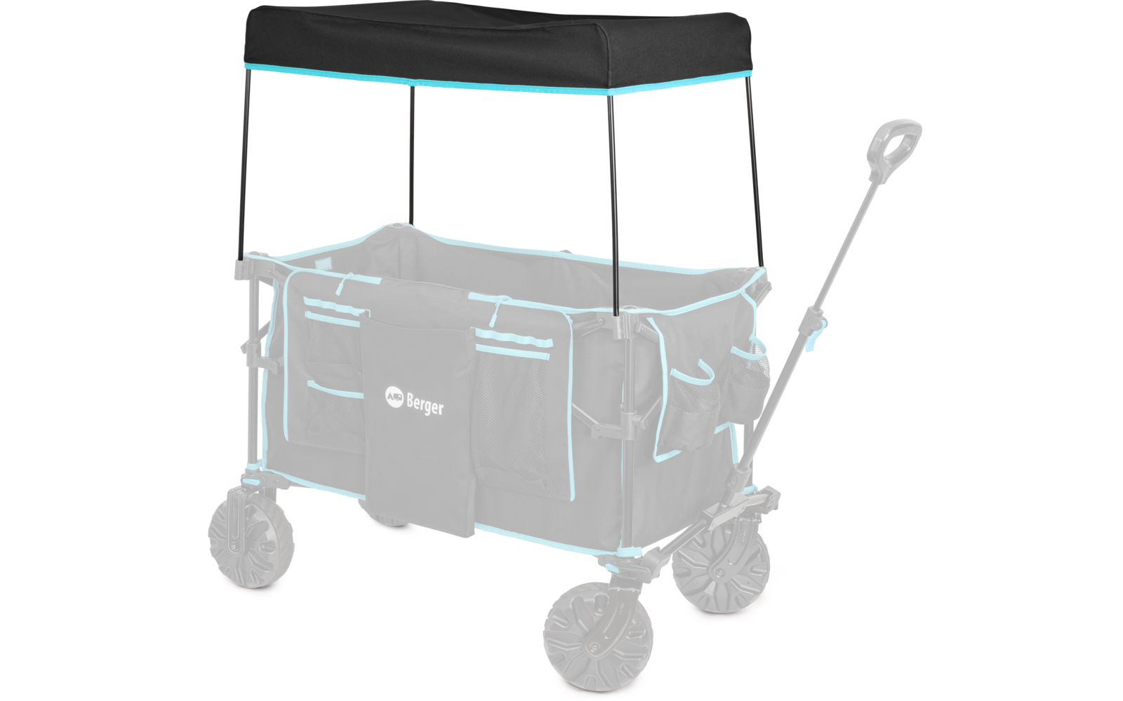 Faltbarer Bollerwagen mit schwarzem Verdeck und vier großen Rädern