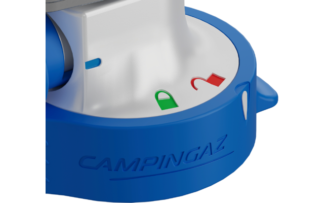 Blaue Kunststoffabdeckung mit CAMPINGAZ-Logo und zwei kleinen Symbolen in Rot und Grün