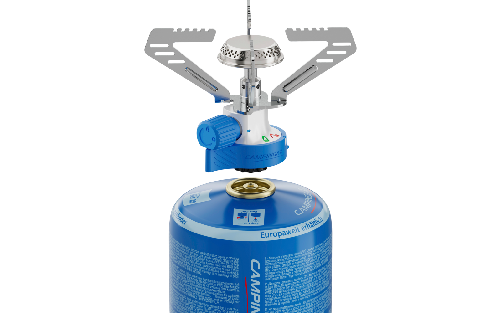 Blauer Campingkocher mit Metallbrenner und Auslegarmen