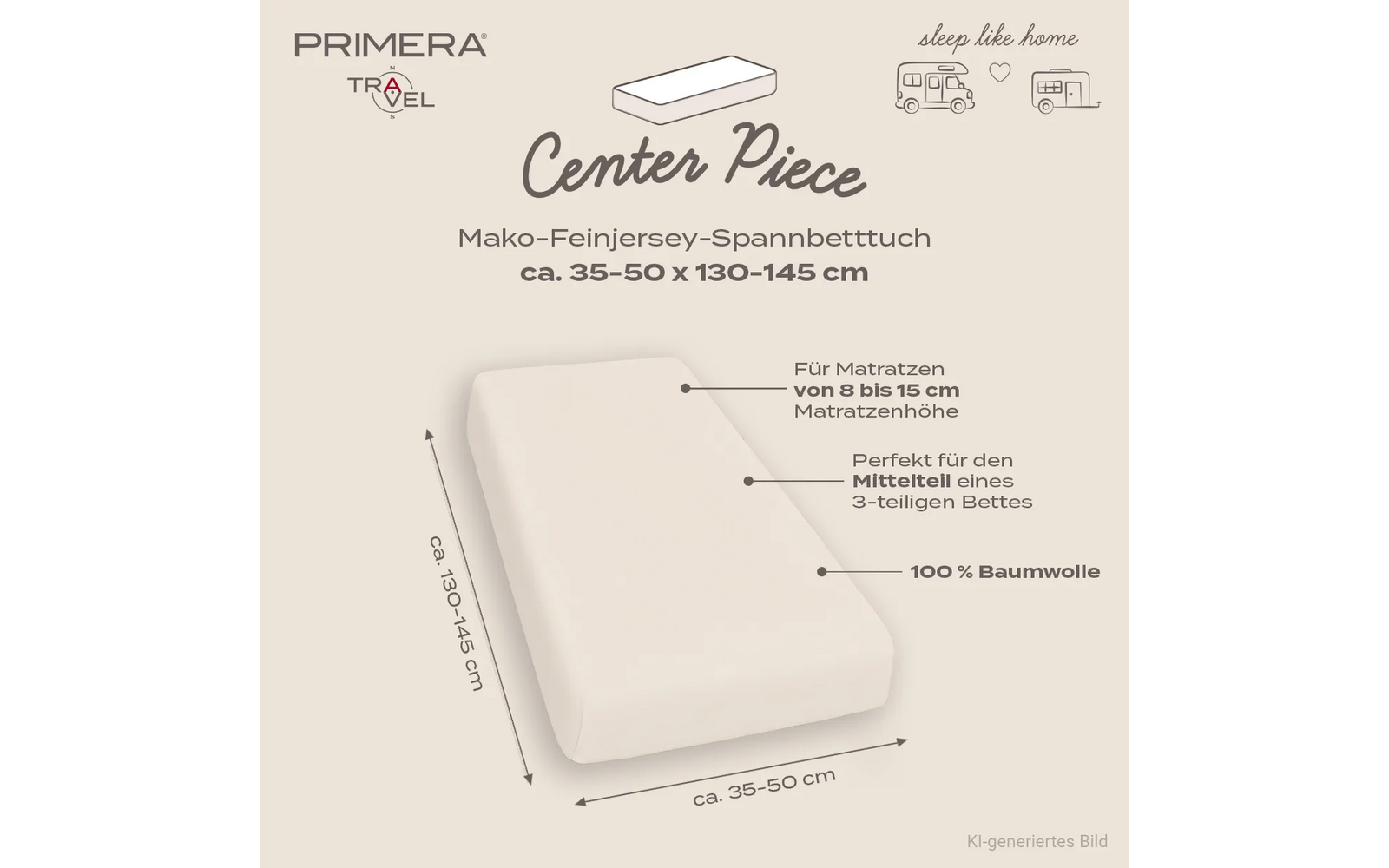 Beige productgrafiek met logo 'PRIMERA TRAVEL', kleine camper- en huispictogrammen met tekst 'sleep like home', kop 'Center Piece', illustratie van een hoeslaken op een matras met pijlen en afmetingen 'ca. 35-50 x 130-145 cm' en labels 'Für Matratzen von 8 bis 15 cm Matratzenhöhe', 'Perfekt für den Mittelteil eines 3-teiligen Bettes', '100% Baumwolle' en kleine tekst 'KI-generiertes Bild'