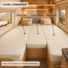 Interieur van een camper met een driedelig bed bestaande uit drie lichte matrassen en drie kussens, houten bovenkasten, zijramen met berglandschap, vermeldingen 'Single Bed - Center Piece - Single Bed'