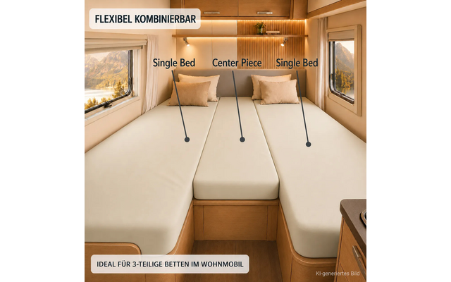 Interieur van een camper met een driedelig bed bestaande uit drie lichte matrassen en drie kussens, houten bovenkasten, zijramen met berglandschap, vermeldingen 'Single Bed - Center Piece - Single Bed'