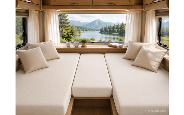 Interieur van een camper met twee beige gestoffeerde ligplaatsen en kussens, houten bovenkastjes en een groot panoramaraam met uitzicht op een meer, naaldbomen en bergen