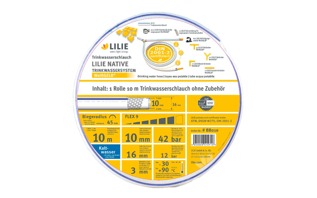 Lilie native 50m roll drinking water hose 12x18mm - cold