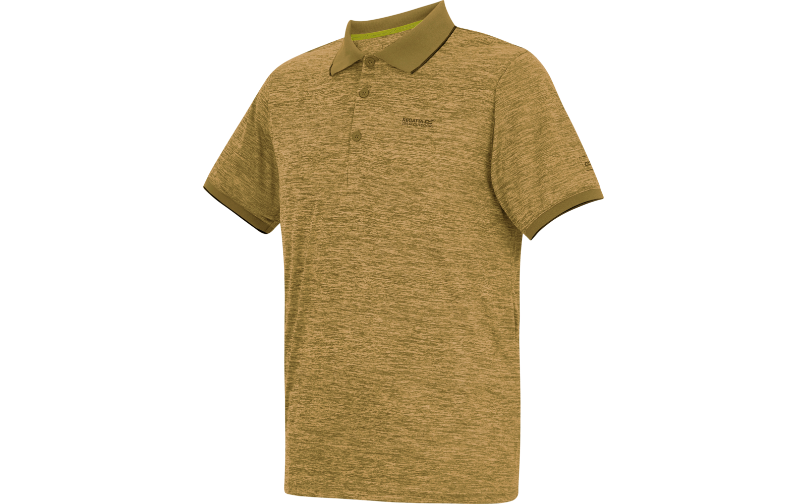 Olivgrünes, meliertes Poloshirt mit kurzem Knopfverschluss, Kragen, kurzen Ärmeln und kleinem Brustlogo