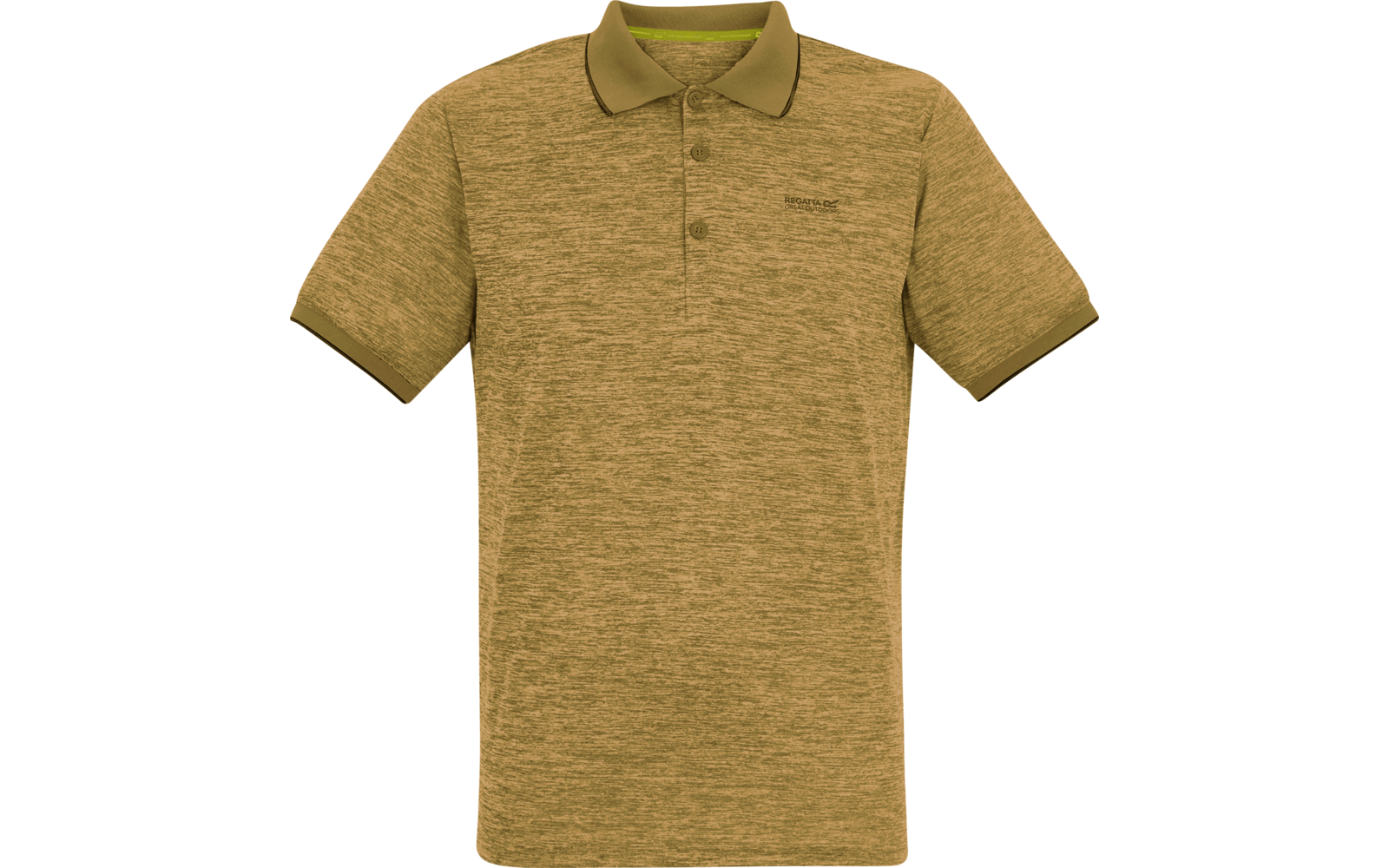 Kurzärmeliges olivgrünes meliertes Polohemd mit Polokragen, drei Knöpfen und kleinem Logo auf der linken Brust