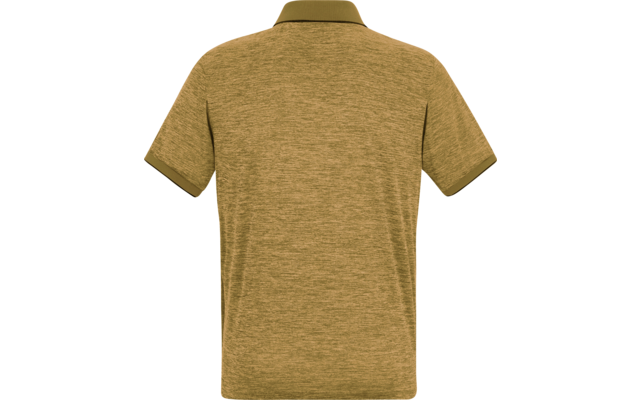Rückansicht eines kurzärmligen Poloshirts in olivgelber Melange mit Kragen und dunkleren Ärmelabschlüssen