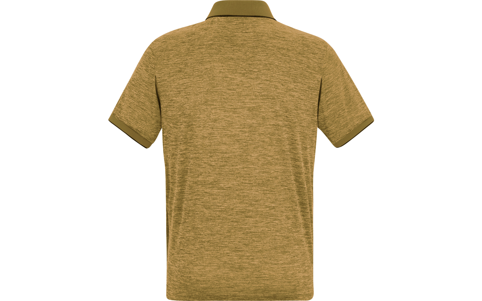 Rückansicht eines kurzärmligen Poloshirts in olivgelber Melange mit Kragen und dunkleren Ärmelabschlüssen