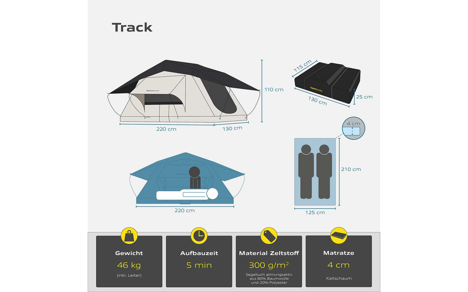 Produktbild Horntools Track Dachzelt f&uuml;r 2 Personen 130 cm 1