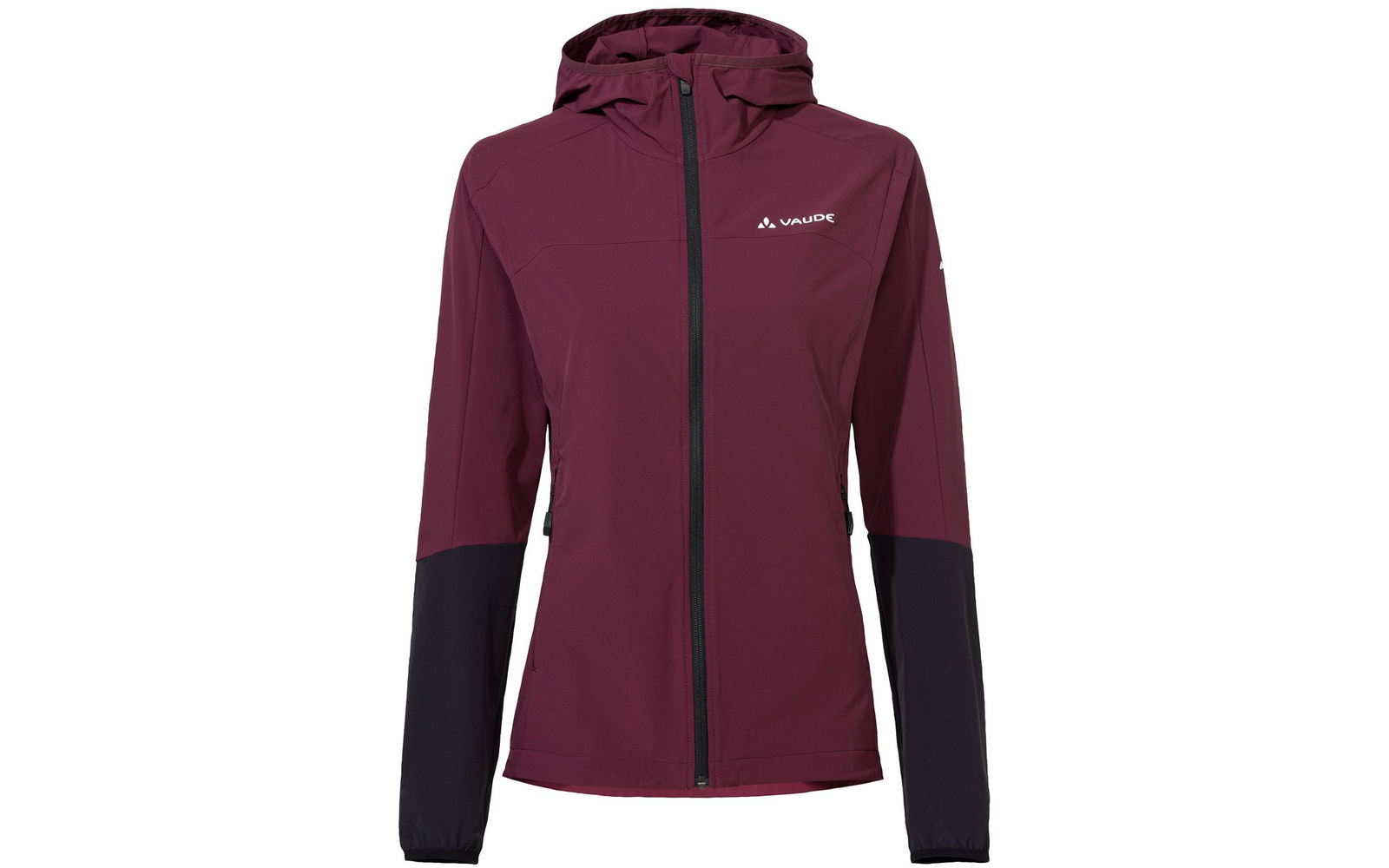 Veste d'extérieur rouge foncé avec capuche noire et manches noires