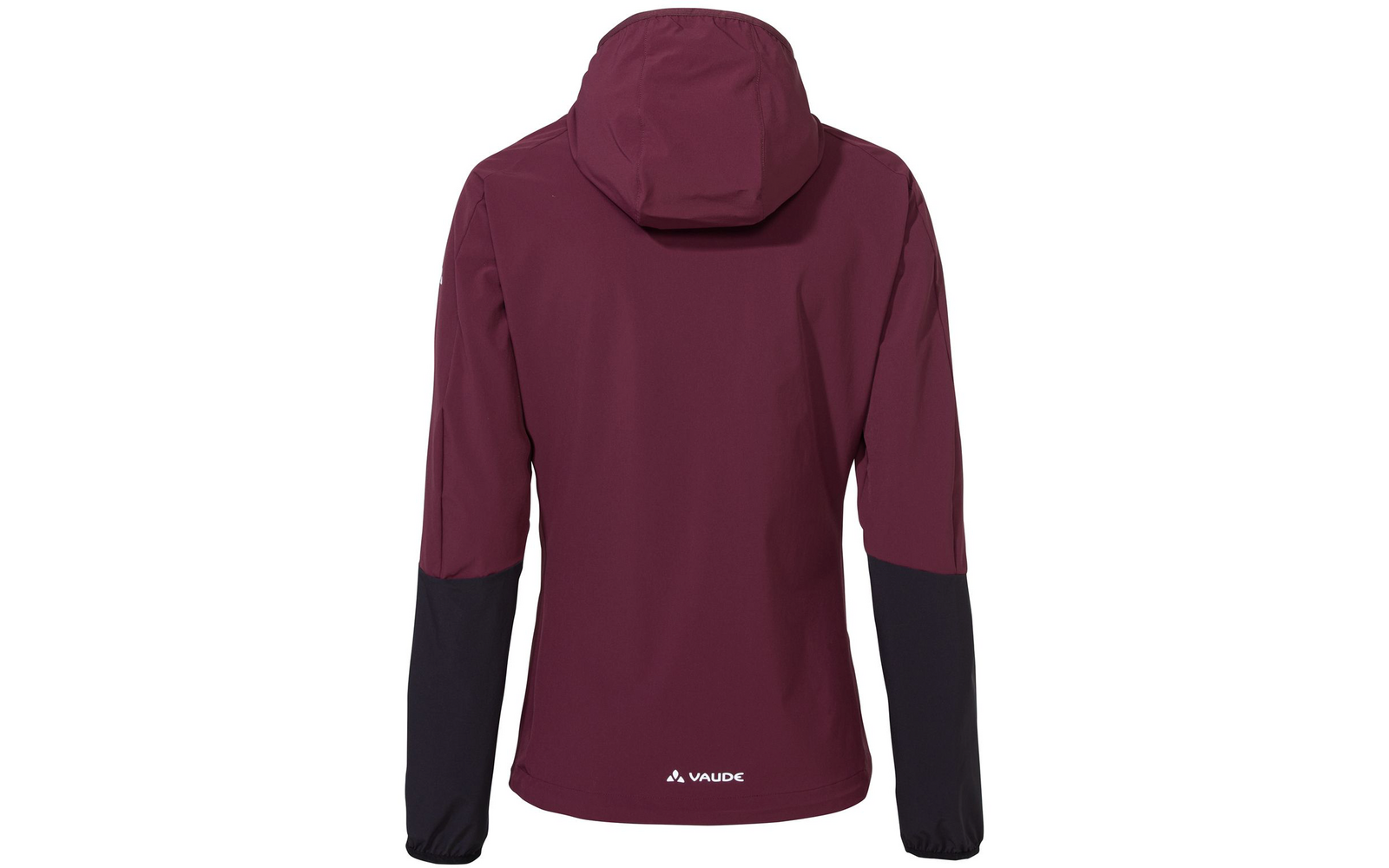 Vue arrière d'une veste de pluie rouge foncé avec capuche et manches noires