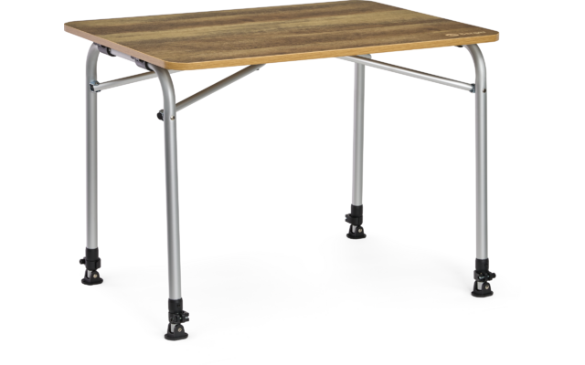Table rectangulaire avec plateau en bois et pieds métalliques argentés, coins arrondis et pieds réglables