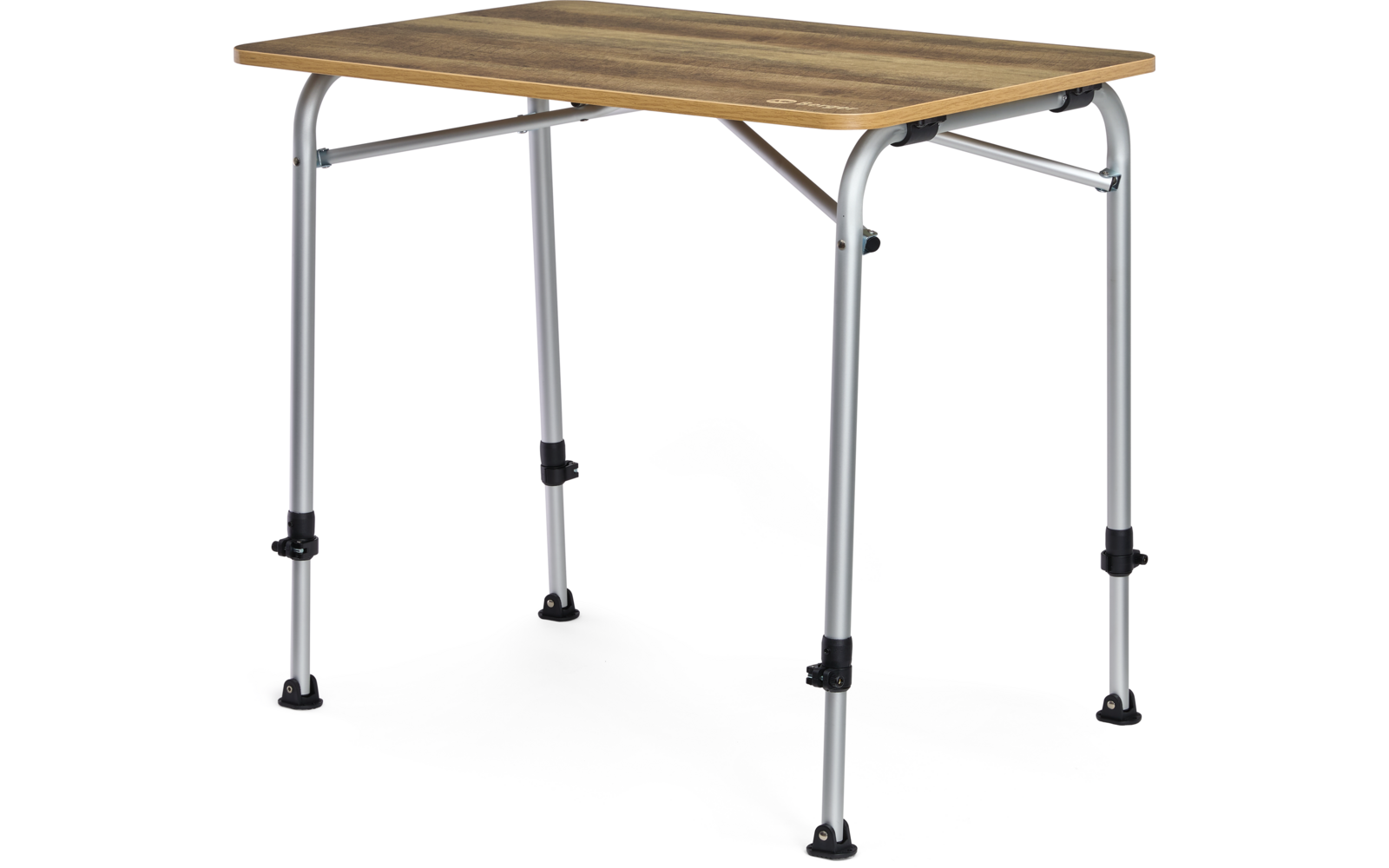 Table rectangulaire avec plateau aspect bois clair et quatre pieds métalliques argentés munis de colliers de réglage noirs