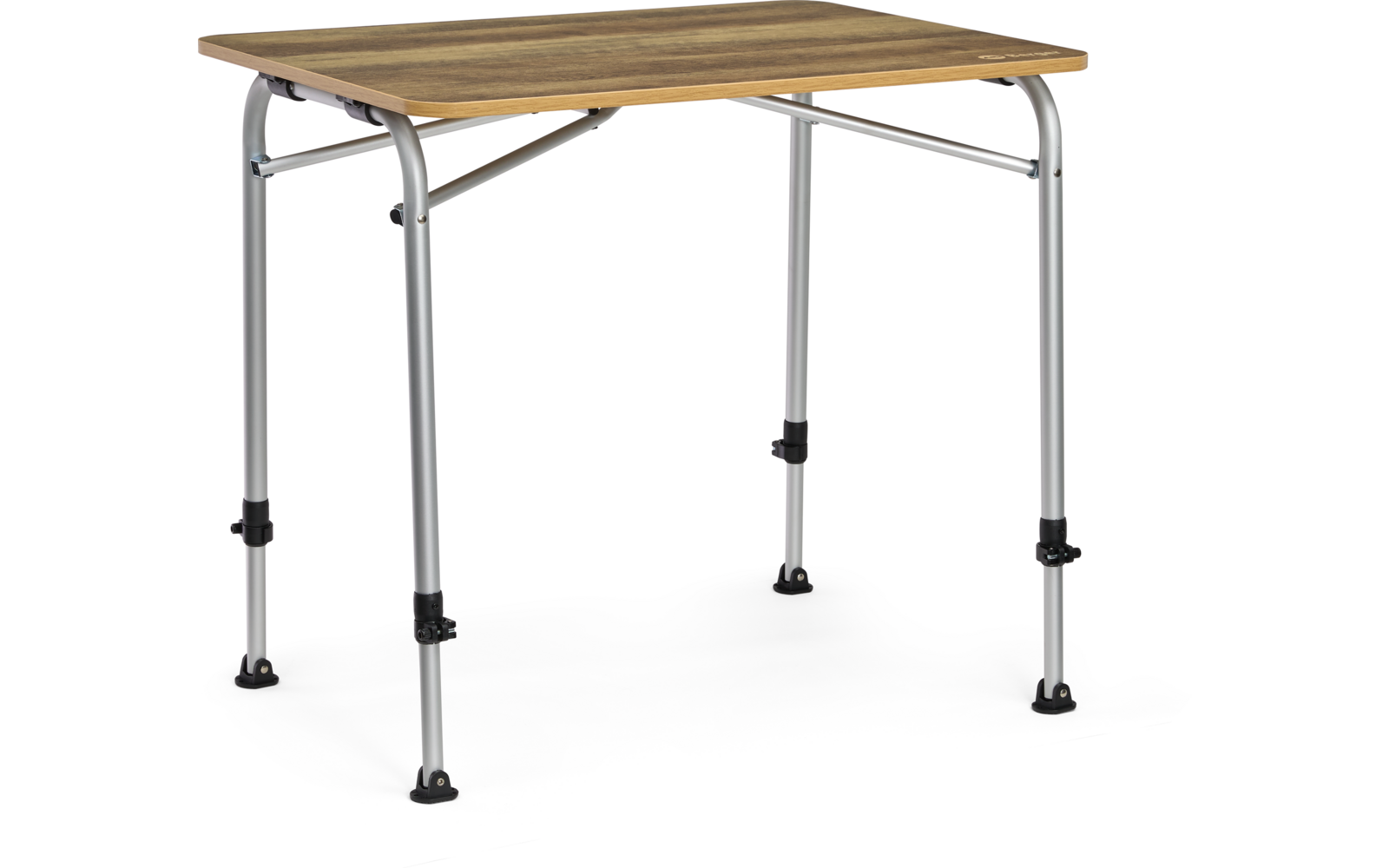 Table rectangulaire avec plateau en bois clair et quatre pieds métalliques argentés réglables en hauteur avec colliers noirs et embouts ronds noirs
