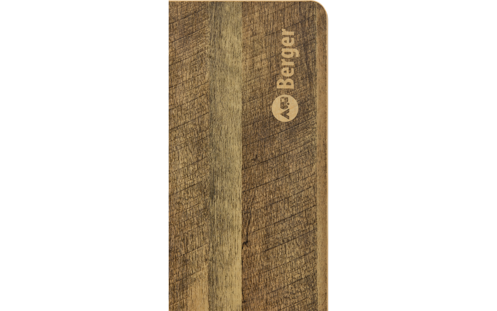 Surface en bois avec veines visibles, bande verticale plus claire, à droite le mot Berger et un logo rond en forme de cœur, coin supérieur droit arrondi