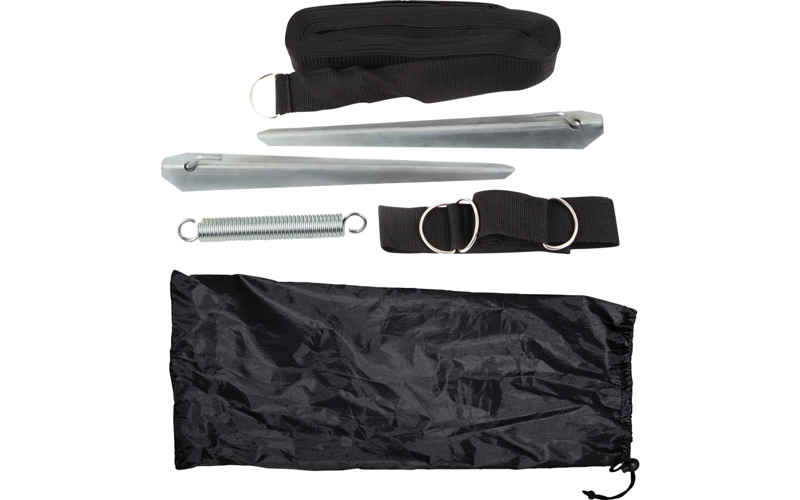 Zwei silberne Metallstangen, eine Metallfeder, zwei schwarze Stoffgurte mit Metallringen und eine schwarze Stofftasche mit Kordel