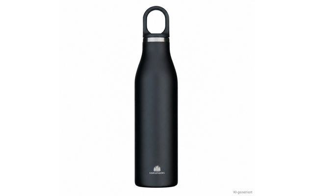 Schwarze Metall-Trinkflasche mit Schraubverschluss und integriertem Tragegriff, silberner Ring unter dem Verschluss und kleines weißes Markenlogo unten