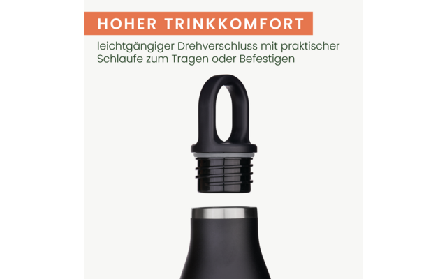 Obere Hälfte einer schwarzen Trinkflasche mit offener Schrauböffnung und darüber schwebendem schwarzen Schraubverschluss mit Schlaufe; oben oranger Banner mit Text "HOHER TRINKKOMFORT" und kleiner grauer Unterzeile; weißer Hintergrund