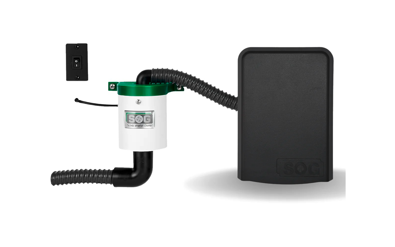 Dispositivo electrónico con carcasa negra, recipiente blanco y tubos negros, junto a un soporte de pared negro