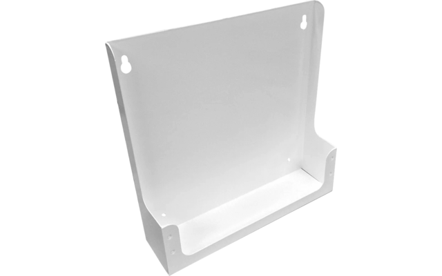 Weiße Wandhalterung mit zwei Befestigungslöchern und einer Ablage