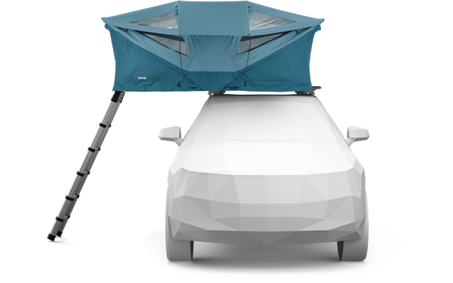 Weißes, polygonal dargestelltes Auto mit aufgeklapptem türkisfarbenem Dachzelt auf dem Dach und einer ausgefahrenen Leiter an der linken Seite
