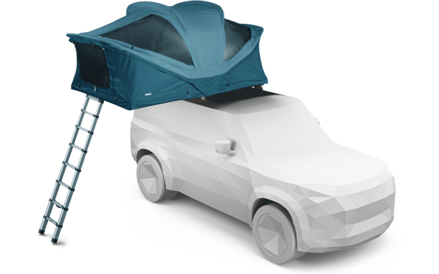 Weißes Low-Poly-Auto mit offenem türkisfarbenem Dachzelt und ausgefahrener Leiter