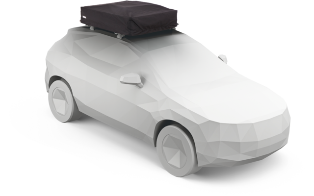 Weißes, polygonales Auto mit schwarzer Dachbox auf Dachträger