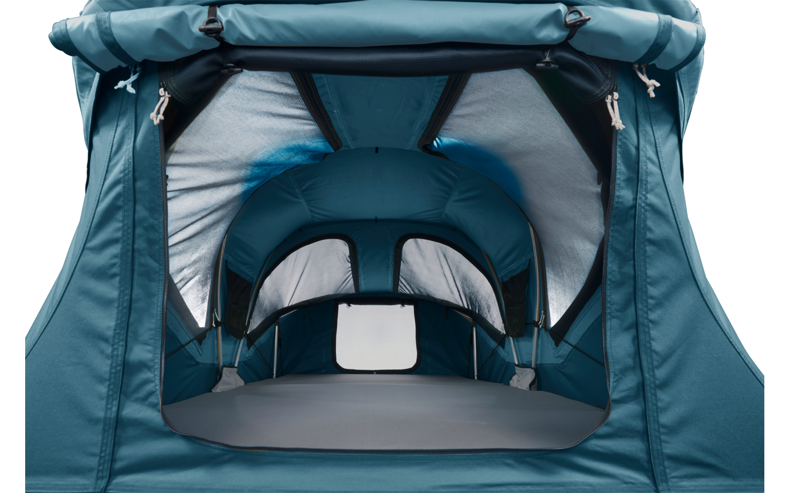 türkisblaues Stoffgehäuse mit geöffnetem Vorderteil, mehreren gebogenen Verstärkungsbügeln, hellgrauer Innenverkleidung, rechteckigem Fenster hinten und gepolsterter Bodenfläche