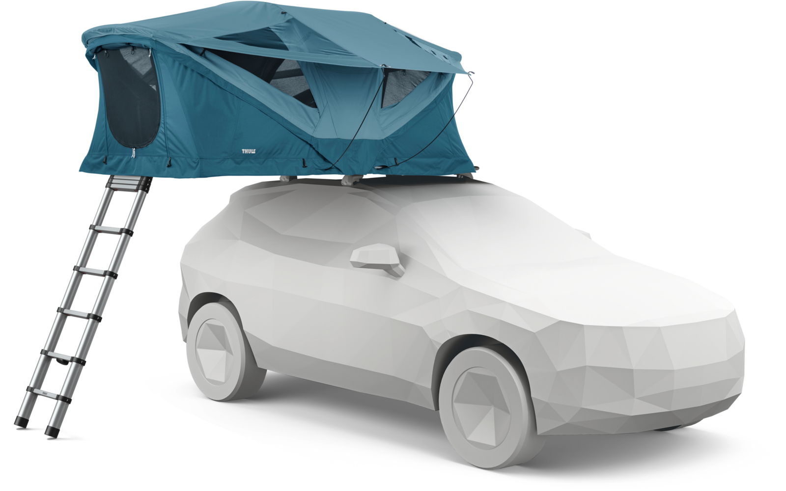 weißes polygonales Auto mit aufgeklapptem türkisblauem Dachzelt und ausgezogener Leiter