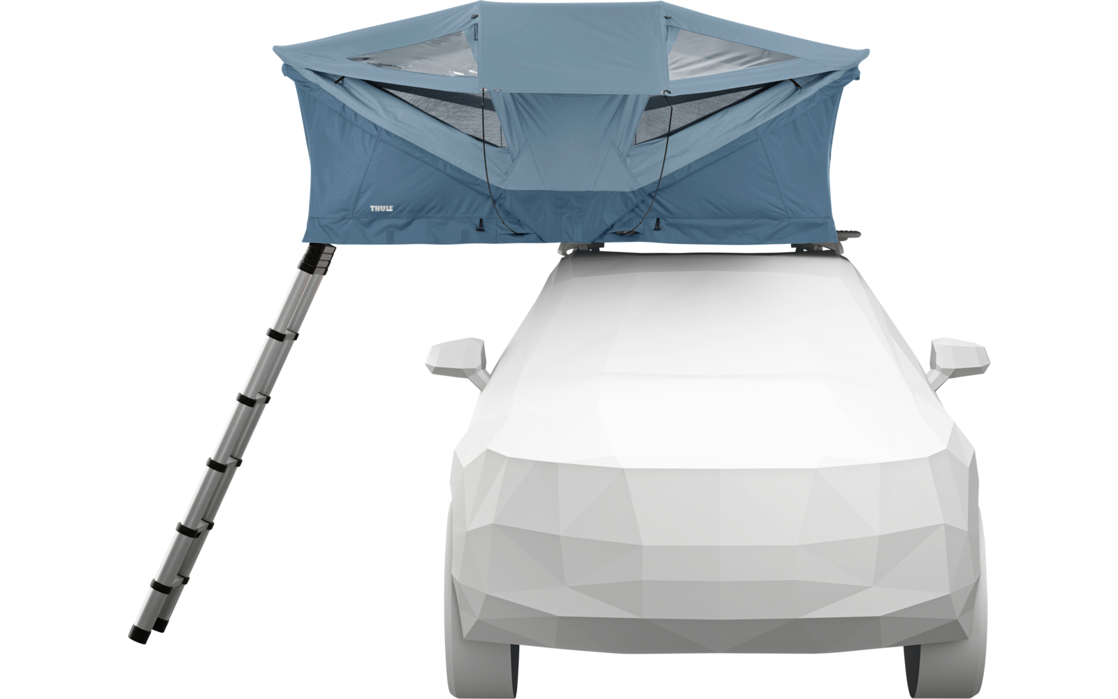 Voiture blanche en style low-poly avec une tente de toit turquoise déployée sur le toit et une échelle dépliée sur le côté gauche