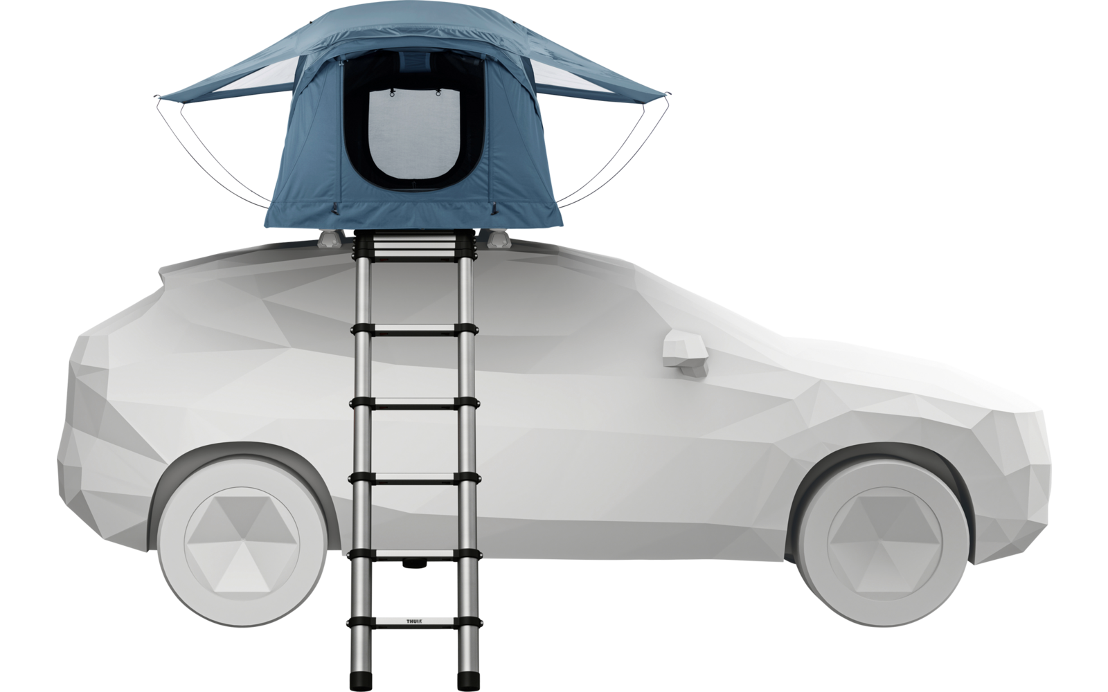 Voiture grise avec une tente de toit bleue installée et une échelle déployée jusqu'au sol