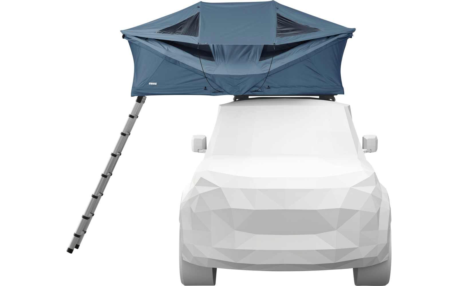 Véhicule blanc avec une tente de toit bleue déployée et une échelle pendant sur le côté