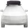 Vue de face d'une voiture blanche en low-poly avec un sac de toit noir sur un porte-bagages et rétroviseurs extérieurs visibles