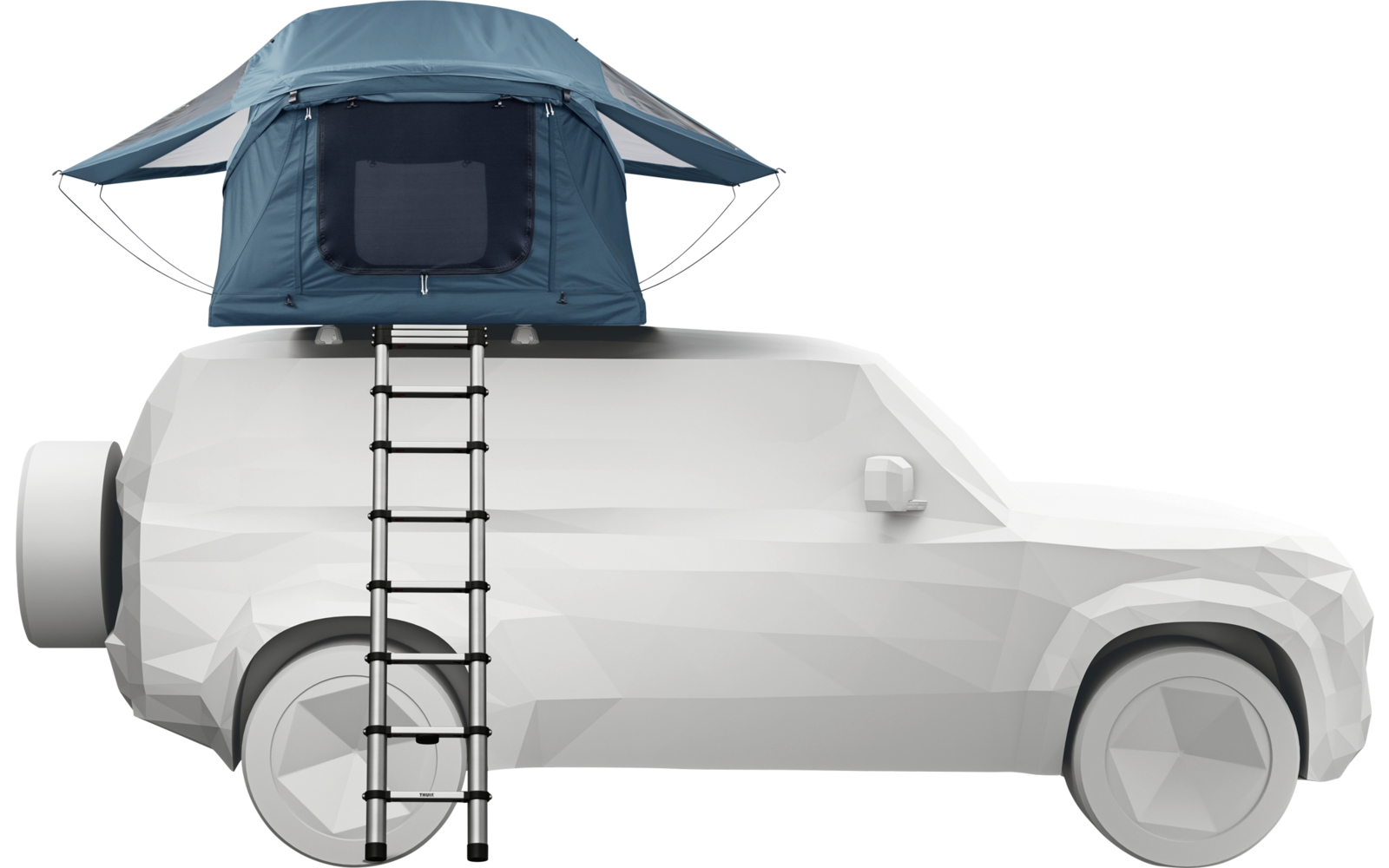 Véhicule blanc avec tente de toit bleu-turquoise ouverte et échelle pendante, fond blanc